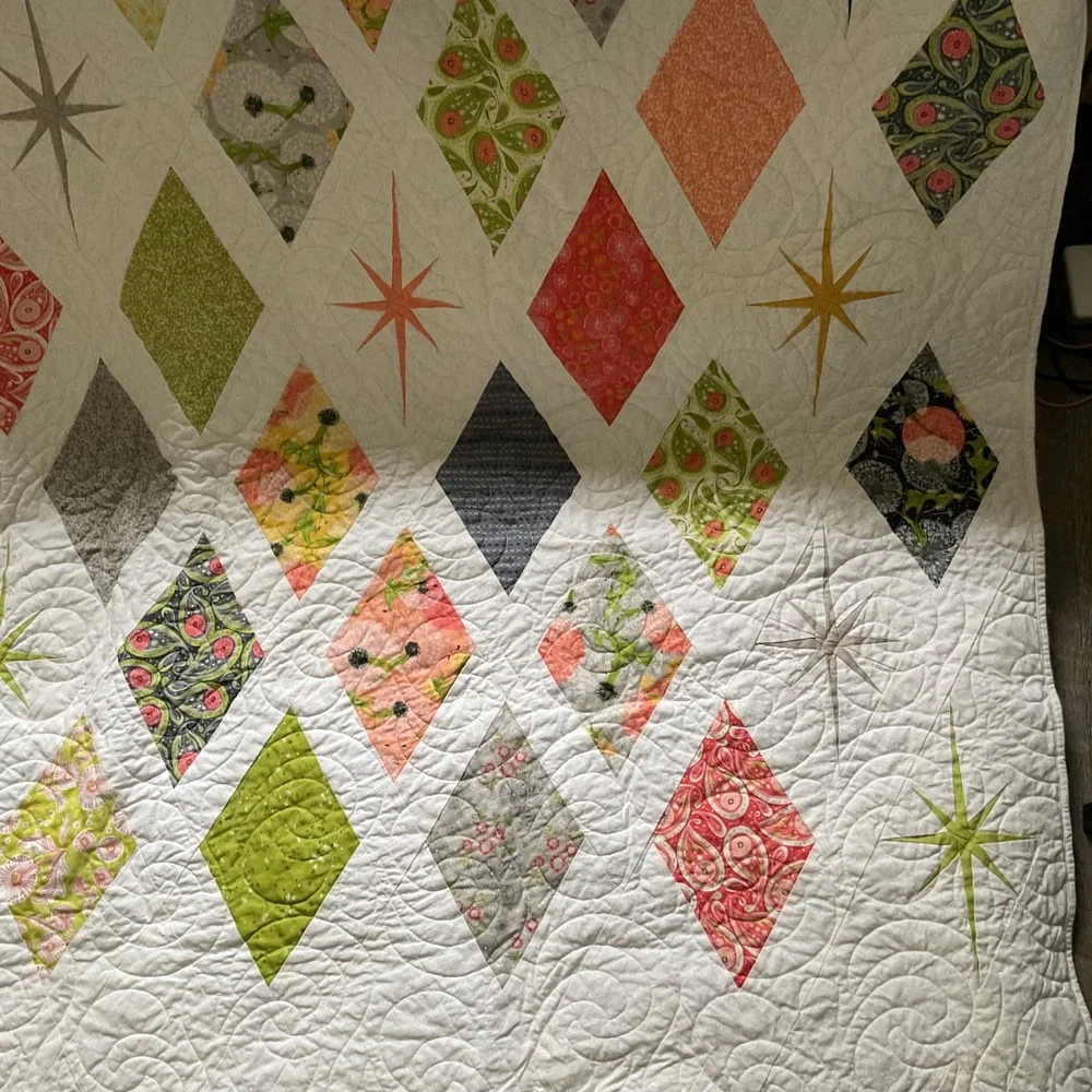 Handmade Mid Century Modern Atomic Starburst Diamond Quilt White Multi Color